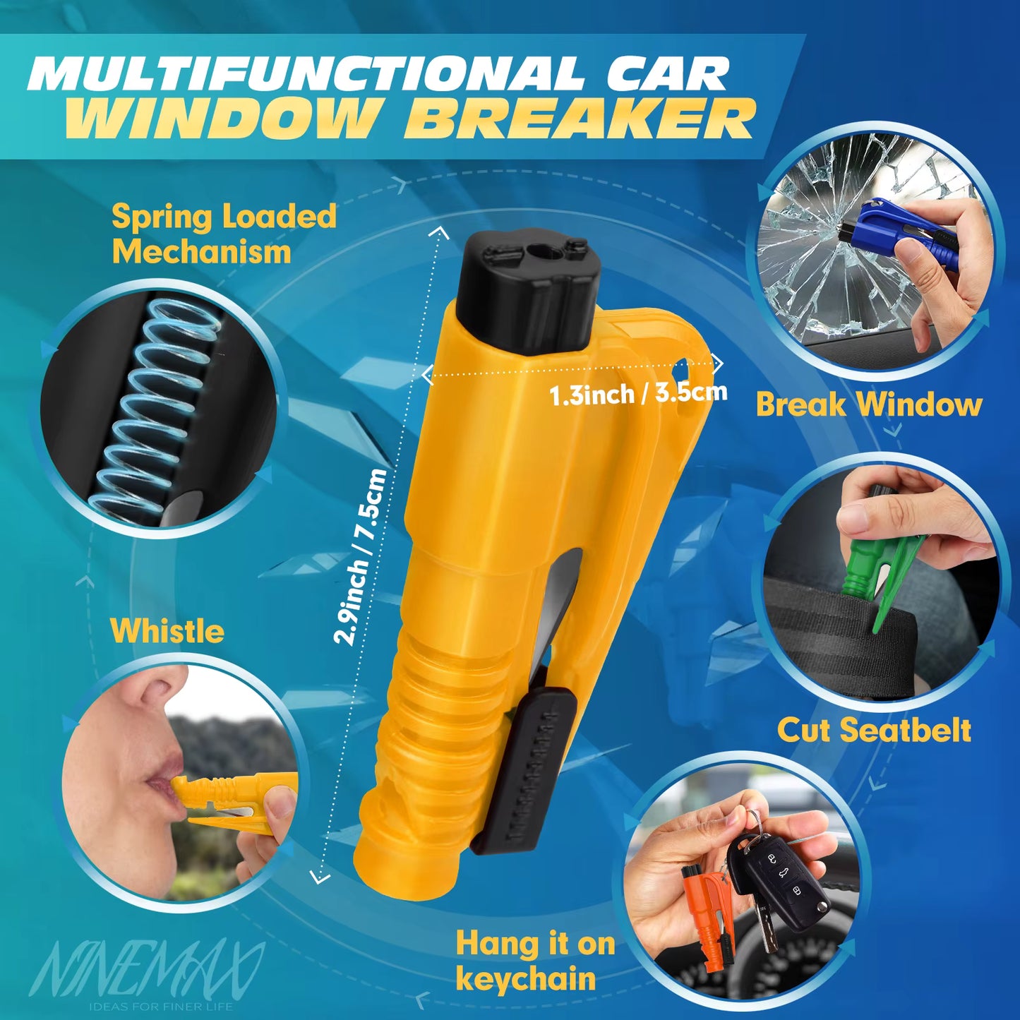 Herramienta de Emergencia 3 en 1 para Coche – Rompecristales + Cortador de Cinturón + Silbato de Supervivencia