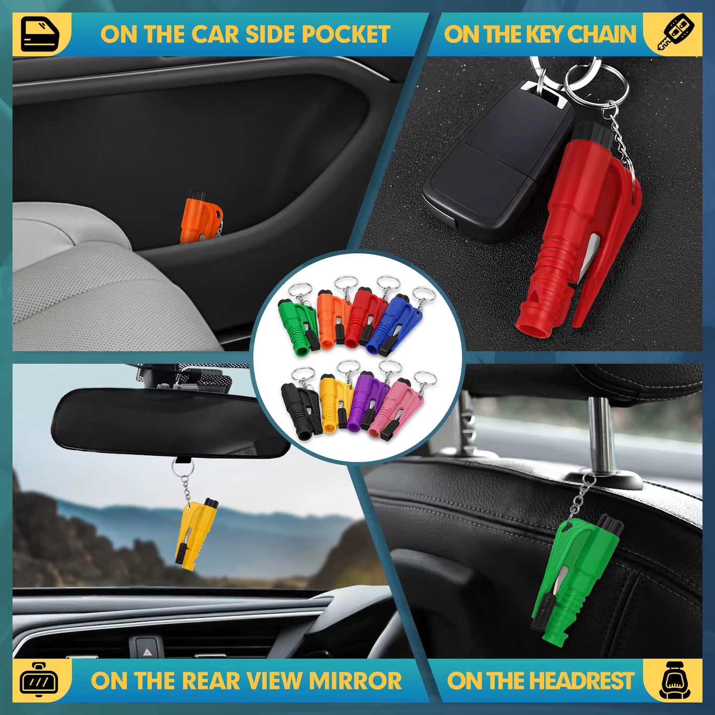 Herramienta de Emergencia 3 en 1 para Coche – Rompecristales + Cortador de Cinturón + Silbato de Supervivencia