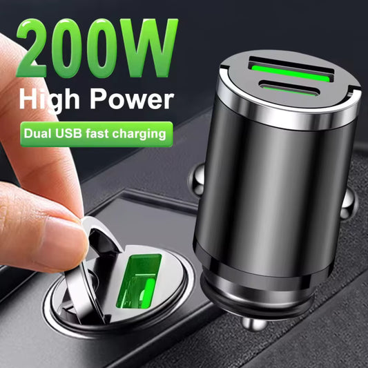 Mini Cargador de Coche 200W – Carga Rápida PDA + QC3.0 USB-C