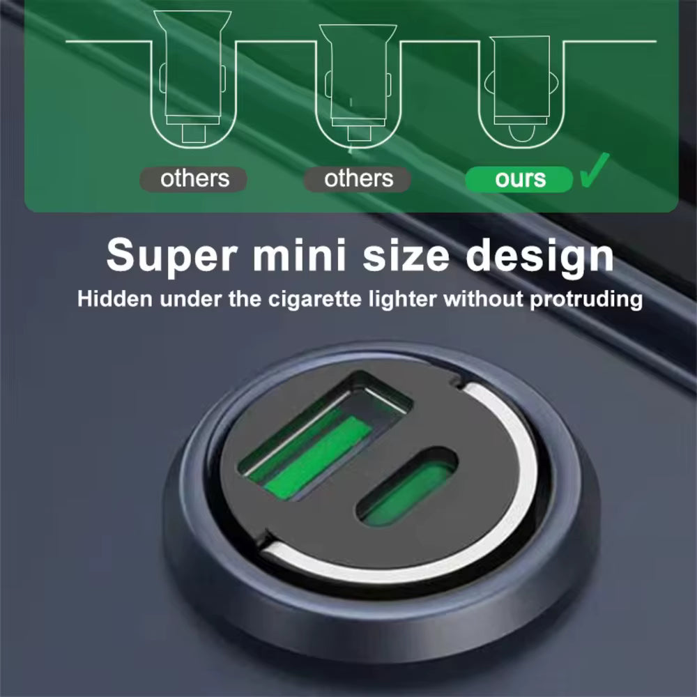 Mini Cargador de Coche 200W – Carga Rápida PDA + QC3.0 USB-C