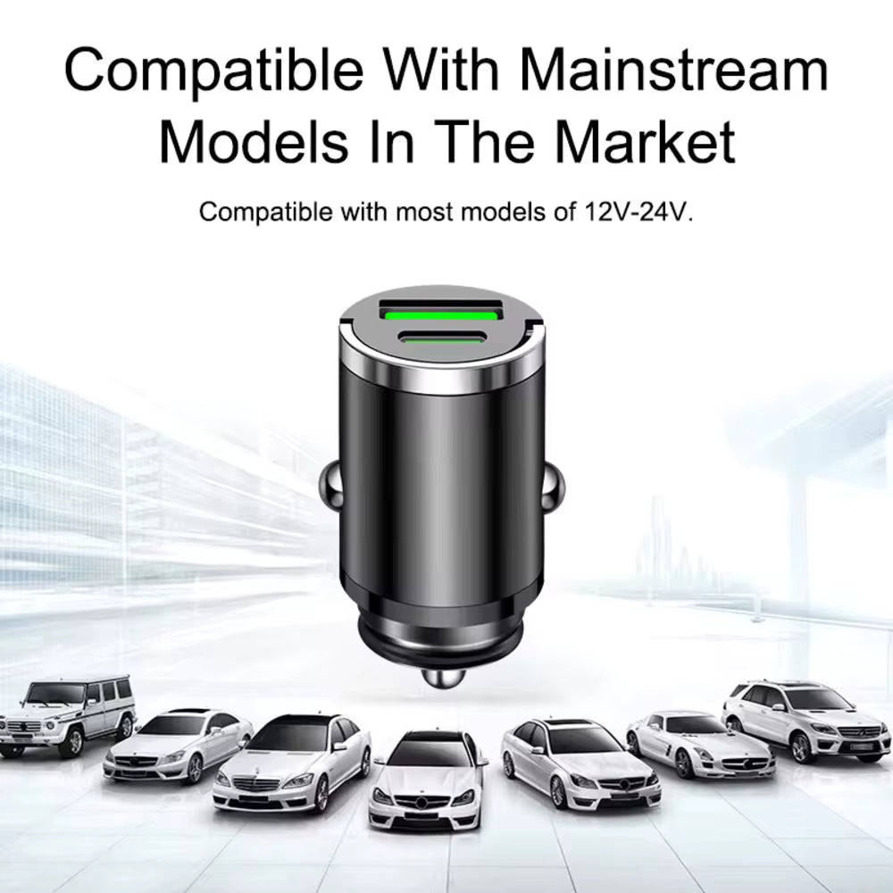 Mini Cargador de Coche 200W – Carga Rápida PDA + QC3.0 USB-C